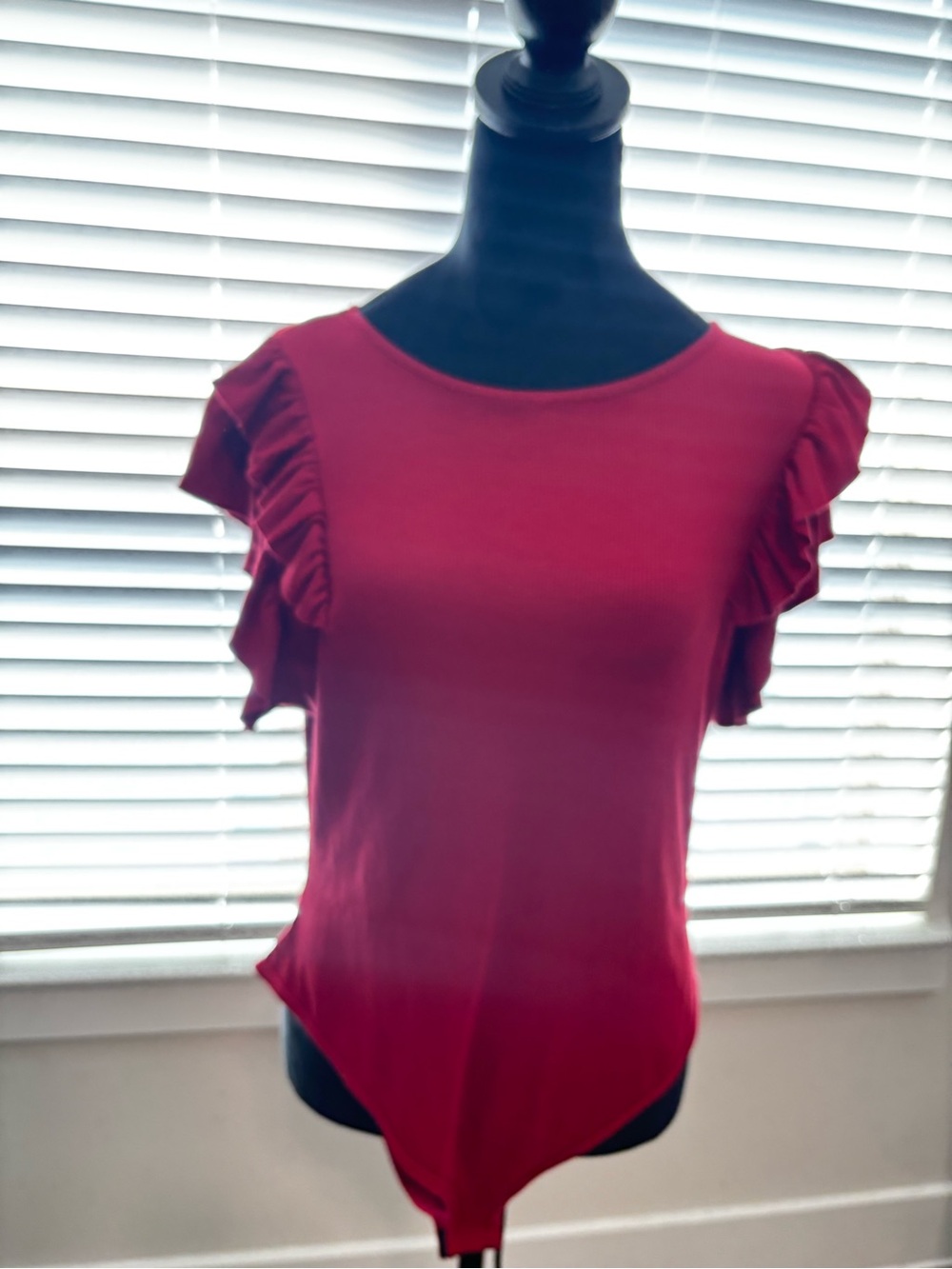 Ruffle-Sleeve Scoop Neck Bodysuit — Red
